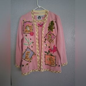 Storybook Knits Cardigan Tank Pink Fliral Embroidered Leopard Sweater Set M